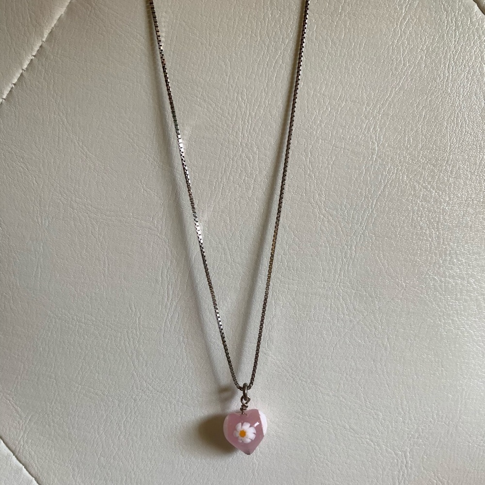 Pink Heart w/ Daisies Necklace